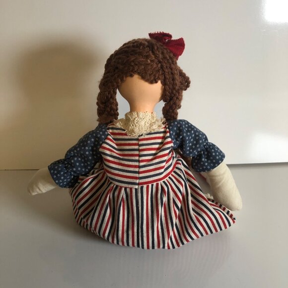 Patriotic Primitive Doll Red White Blue Striped Dress Braids Weighted Bottom - Picture 3 of 6